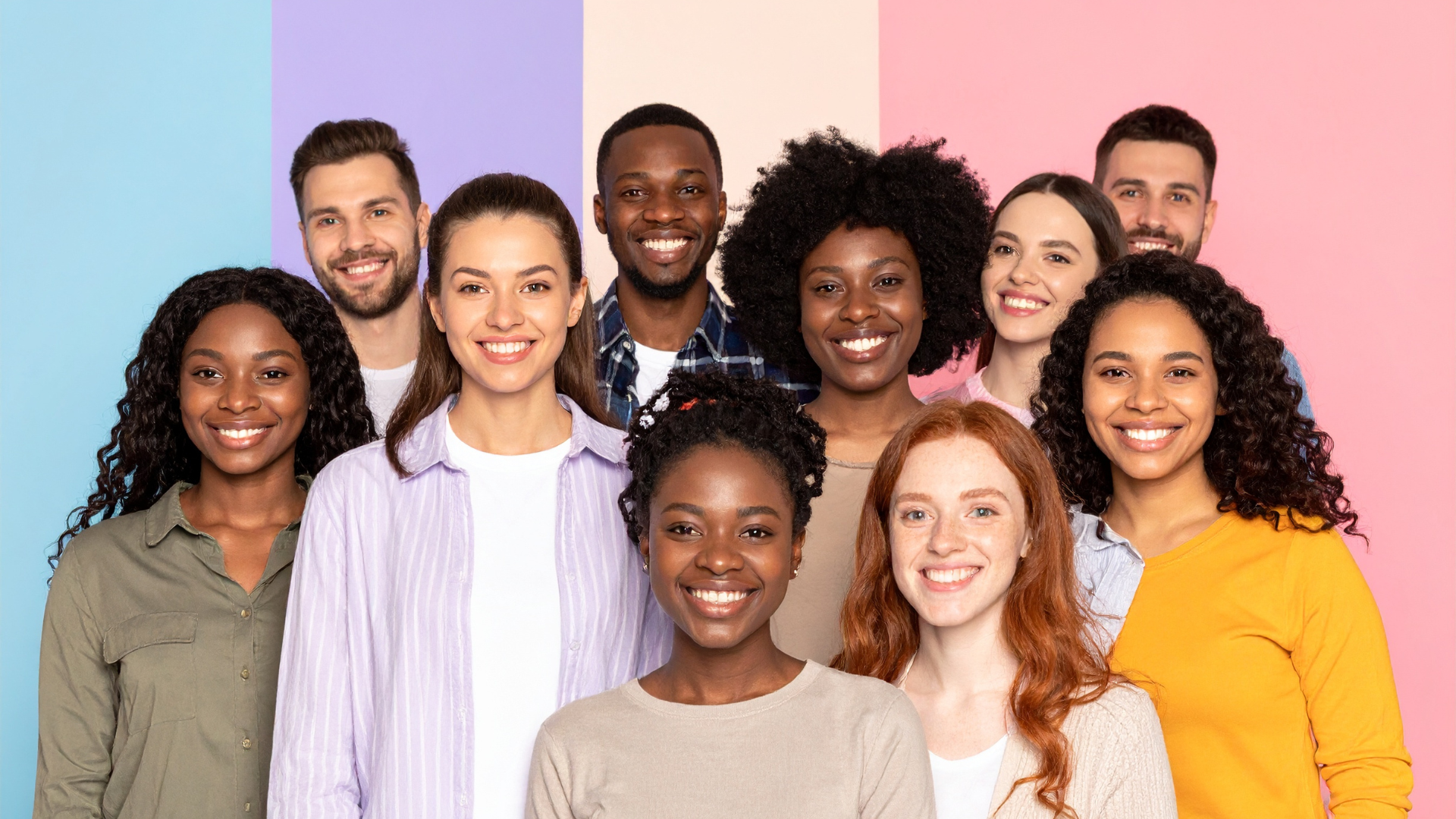 Diverse group of smiling mentors and mentees from different backgrounds representing the Humentors global mentorship community
