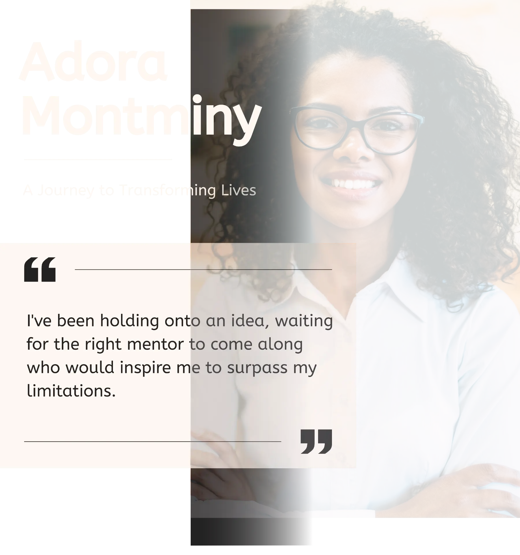 A smiling woman wearing glasses representing the transformative power of mentorship and human potential